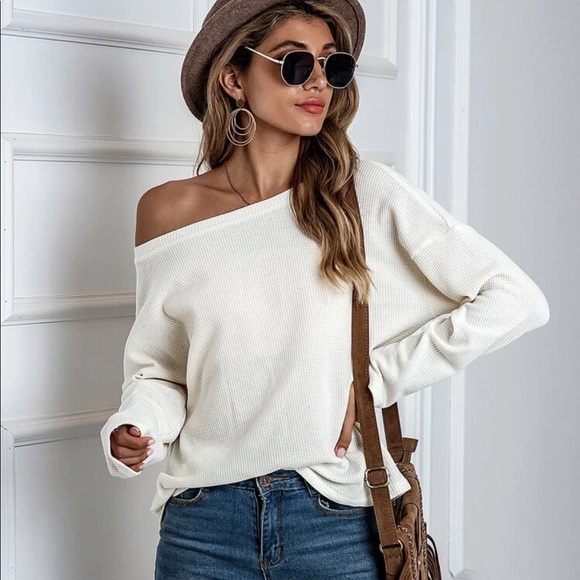 Tops - Off the shoulder waffle knit long sleeve top white